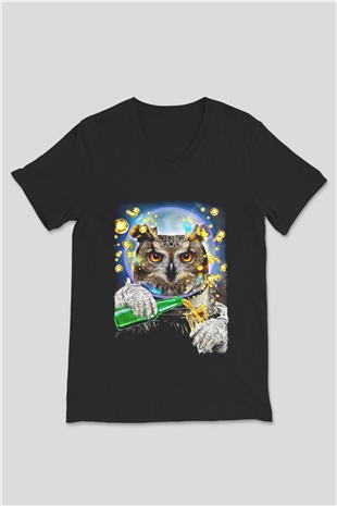 Baykuş Siyah Unisex V Yaka Tişört