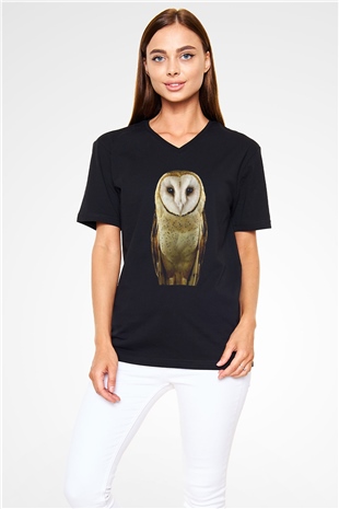 Baykuş Siyah Unisex V Yaka Tişört