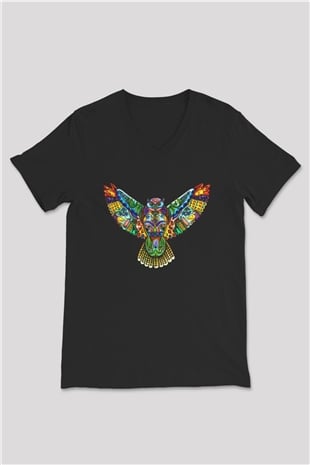Baykuş Siyah Unisex V Yaka Tişört T-Shirt
