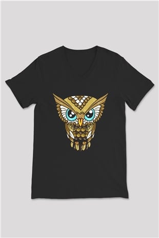 Baykuş Siyah Unisex V Yaka Tişört T-Shirt