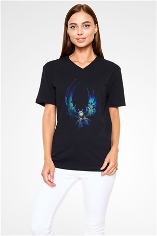 Baykuş Siyah Unisex V Yaka Tişört T-Shirt