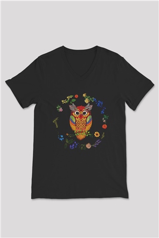 Baykuş Siyah Unisex V Yaka Tişört T-Shirt