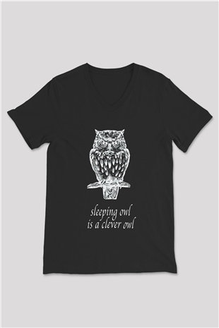 Baykuş Siyah Unisex V Yaka Tişört T-Shirt