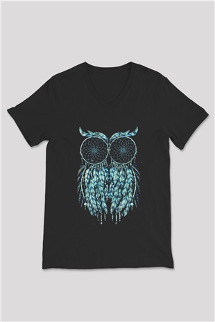 Baykuş Siyah Unisex V Yaka Tişört T-Shirt