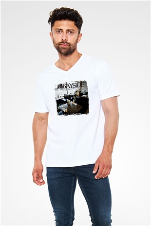 Bayside Baskılı Unisex Beyaz V Yaka Tişört