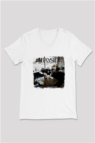 Bayside Baskılı Unisex Beyaz V Yaka Tişört
