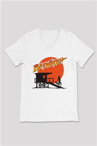 Baywatch Beyaz Unisex V Yaka Tişört T-Shirt