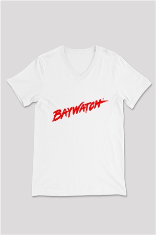 Baywatch Beyaz Unisex V Yaka Tişört T-Shirt
