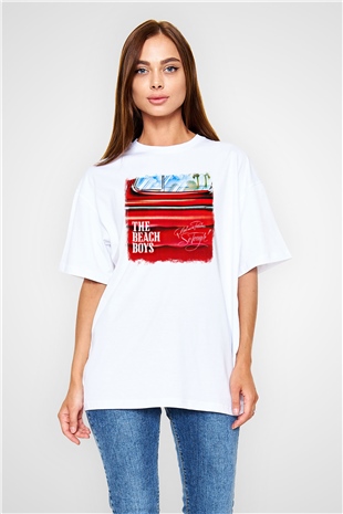 Beach Boys Baskılı Unisex Beyaz Oversize Tişört