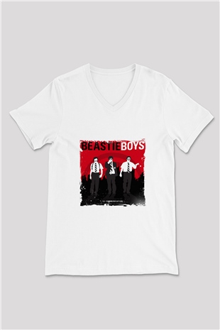 Beastie Boys Baskılı Beyaz V Yaka Unisex Tişört