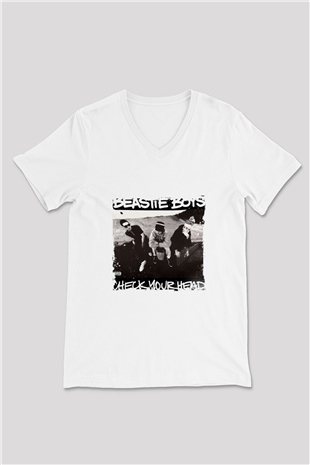 Beastie Boys Baskılı Beyaz V Yaka Unisex Tişört