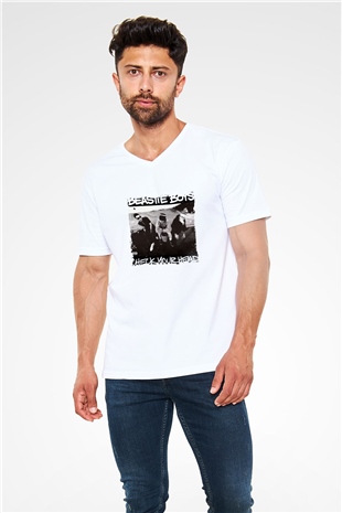 Beastie Boys Baskılı Beyaz V Yaka Unisex Tişört