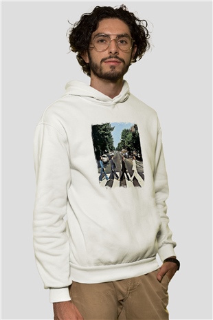 Beatles Baskılı Unisex Beyaz Hoodie