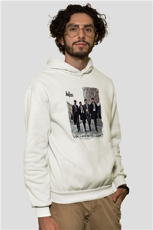 Beatles Baskılı Unisex Beyaz Hoodie