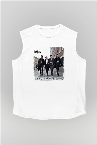 Beatles Baskılı Unisex Beyaz Kolsuz Tişört