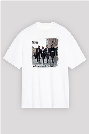 Beatles Baskılı Unisex Beyaz Oversize Tişört