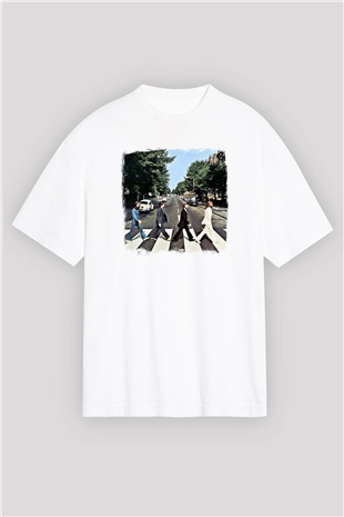 Beatles Baskılı Unisex Beyaz Oversize Tişört