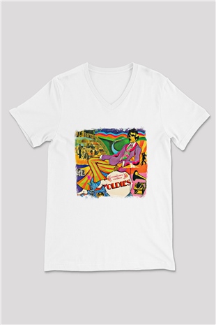 Beatles Baskılı Unisex Beyaz V Yaka Tişört