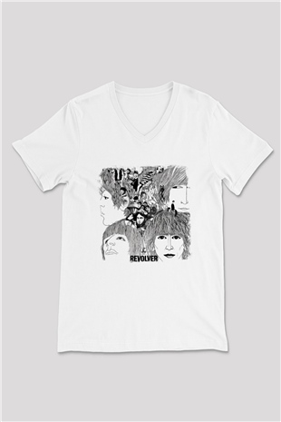 Beatles Baskılı Unisex Beyaz V Yaka Tişört