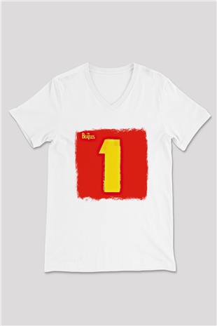 Beatles Baskılı Unisex Beyaz V Yaka Tişört