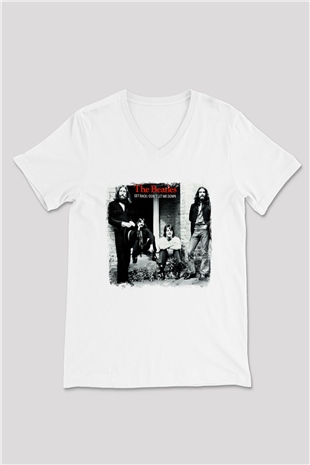 Beatles Baskılı Unisex Beyaz V Yaka Tişört
