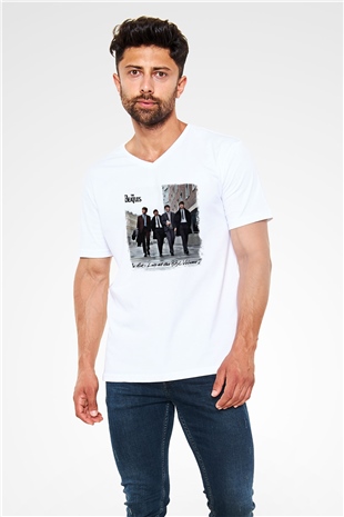 Beatles Baskılı Unisex Beyaz V Yaka Tişört