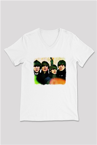 Beatles Baskılı Unisex Beyaz V Yaka Tişört