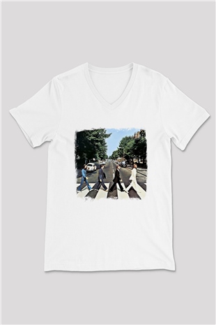 Beatles Baskılı Unisex Beyaz V Yaka Tişört