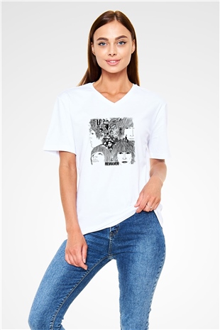 Beatles Baskılı Unisex Beyaz V Yaka Tişört