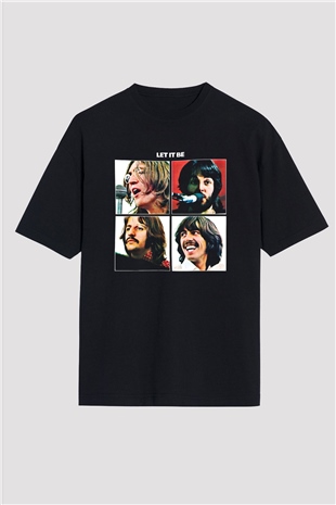 Beatles Baskılı Unisex Siyah Oversize Tişört