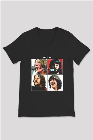 Beatles Baskılı Unisex Siyah V Yaka Tişört