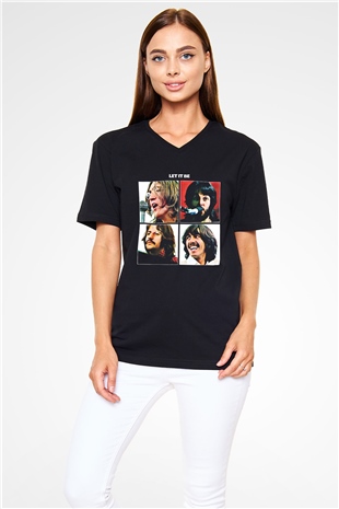 Beatles Baskılı Unisex Siyah V Yaka Tişört