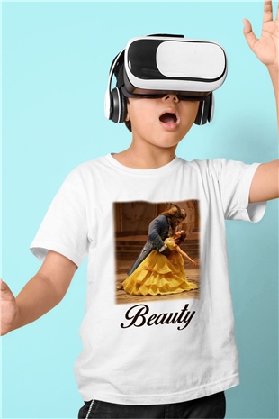 Beauty and the Beast Baskılı Beyaz Unisex Çocuk Tişört