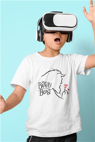 Beauty and the Beast Baskılı Beyaz Unisex Çocuk Tişört
