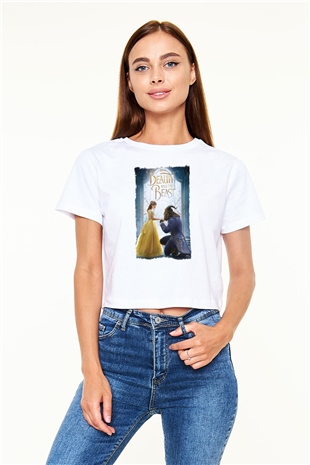 Beauty and the Beast Beyaz  Crop Top Tişört