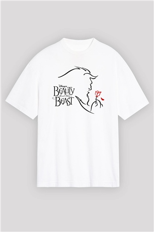 Beauty and the Beast Beyaz Unisex Oversize Tişört T-Shirt