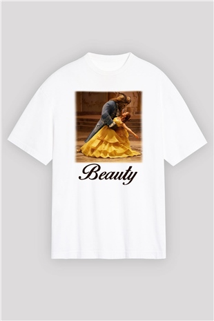 Beauty and the Beast Beyaz Unisex Oversize Tişört T-Shirt