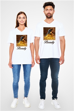 Beauty and the Beast Beyaz Unisex V Yaka Tişört T-Shirt
