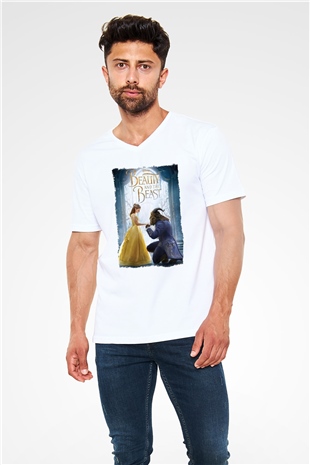 Beauty and the Beast Beyaz Unisex V Yaka Tişört