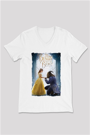 Beauty and the Beast Beyaz Unisex V Yaka Tişört