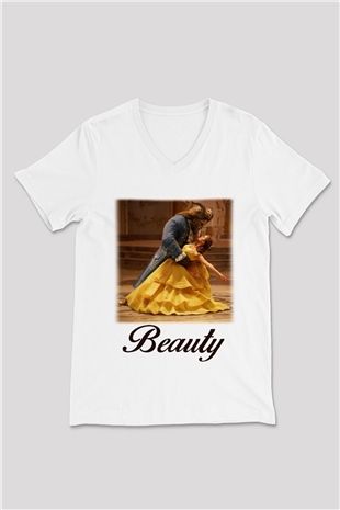 Beauty and the Beast Beyaz Unisex V Yaka Tişört T-Shirt