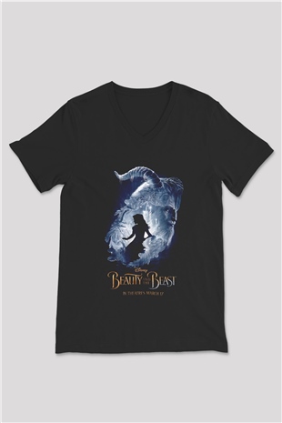 Beauty and the Beast Siyah Unisex V Yaka Tişört