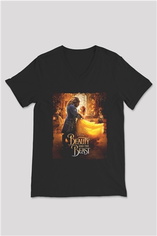 Beauty and the Beast Siyah Unisex V Yaka Tişört