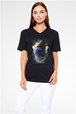 Beauty and the Beast Siyah Unisex V Yaka Tişört