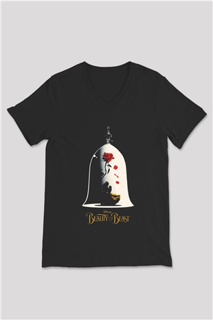 Beauty and the Beast Siyah Unisex V Yaka Tişört T-Shirt