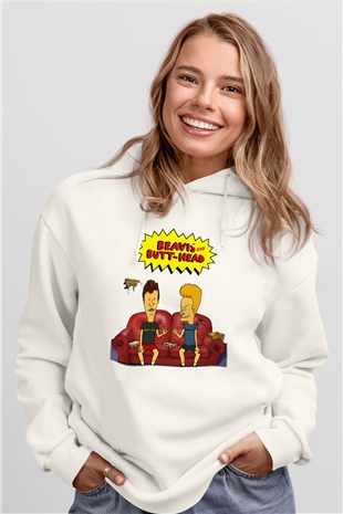 Beavis and Butt-head Beyaz Unisex Kapşonlu Sweatshirt