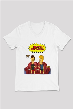 Beavis and Butt-head Beyaz Unisex V Yaka Tişört T-Shirt