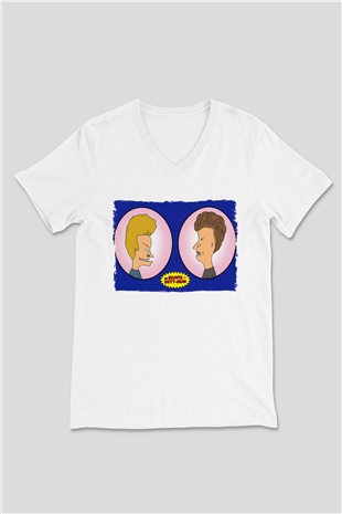 Beavis and Butt-head Beyaz Unisex V Yaka Tişört
