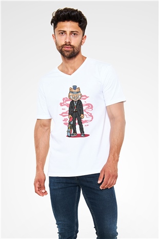 Bebop Skateboard Baskılı Unisex Beyaz V Yaka Tişört