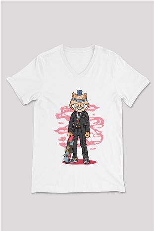Bebop Skateboard Baskılı Unisex Beyaz V Yaka Tişört